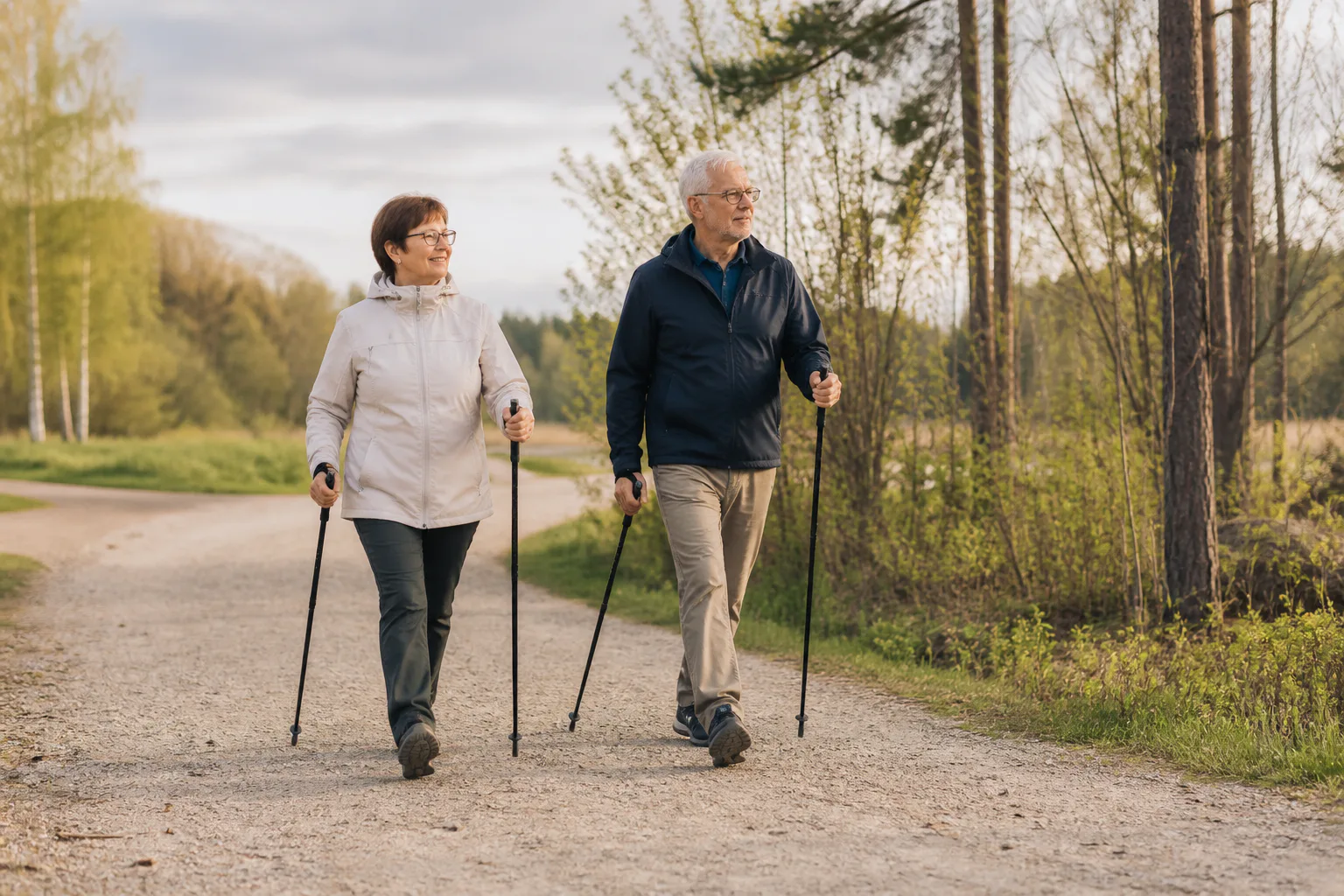 Två personer promenerar med stavar på en bred grusväg i skogsmiljö.