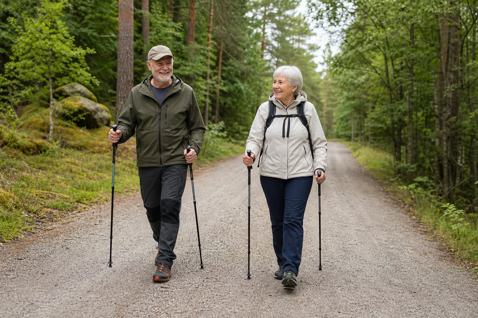 Två äldre personer promenerar med stavar på en bred grusväg i svensk skogsmiljö.