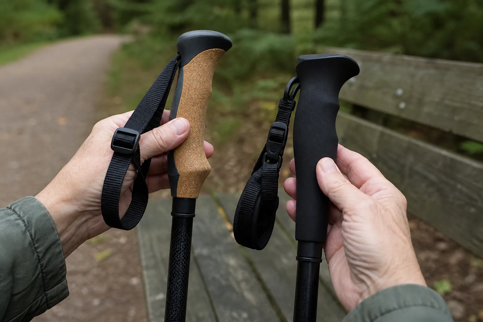 Två händer jämför två generiska stavgrepp med olika form och handremmar