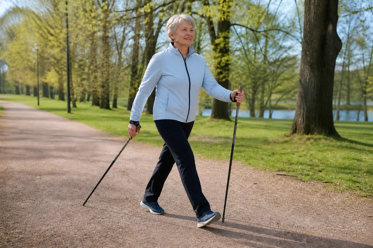 Två personer promenerar med stavar i en grön park.